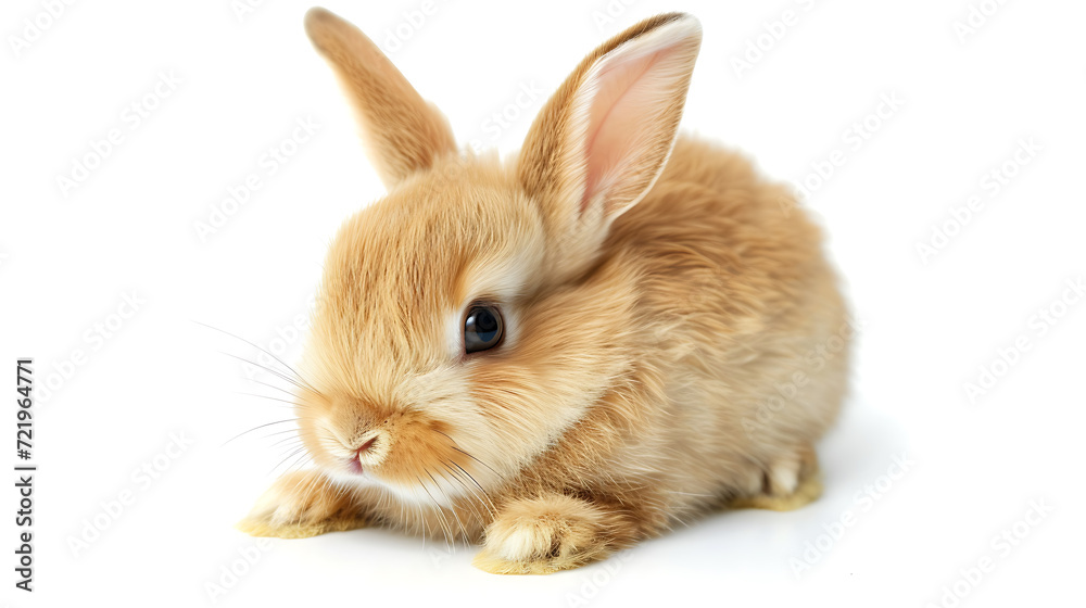 A cute, white rabbit with fluffy fur and oversized ears on a clean, white backdrop.