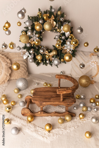 New Year's boho location. Wooden sled. Natural color sleigh.Background for a photo shoot.