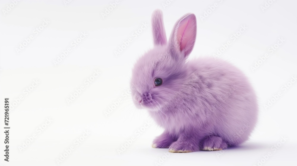 purple rabbit, a fluffy purple bunny sits on a white background, The bunny is torn from the background. Blank space for insertion. Easter bunny, hare. Easter holiday concept
