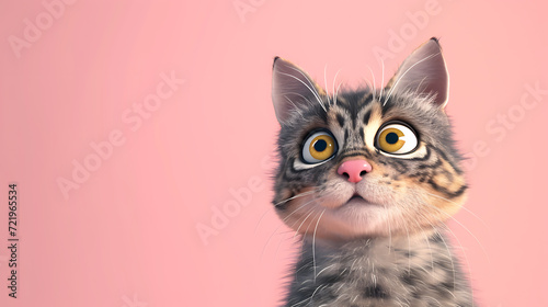 A vibrant and playful 3D cartoon cat, bursting with energy, placed against a soothing soft pink background.