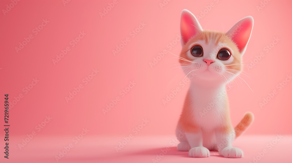 A delightful 3D cartoon-like cat with a playful and curious expression, set against a soft pink background.
