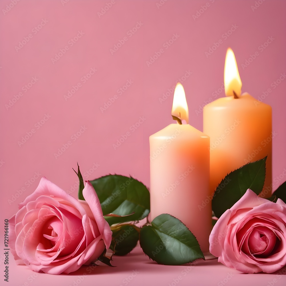 Pink Roses and candle on a pink background Pink Roses and candle on a pink background