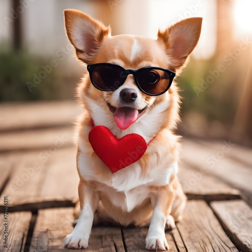 Chihuahua dog in love on valentines day, rose in mouth, with sunglasses and cool gesture, on wood background