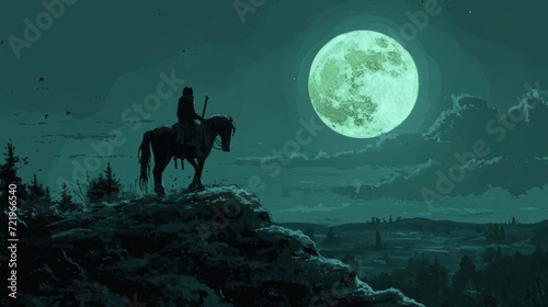 Horse riding on blue mountain with full moon moonscape painting. © imlane
