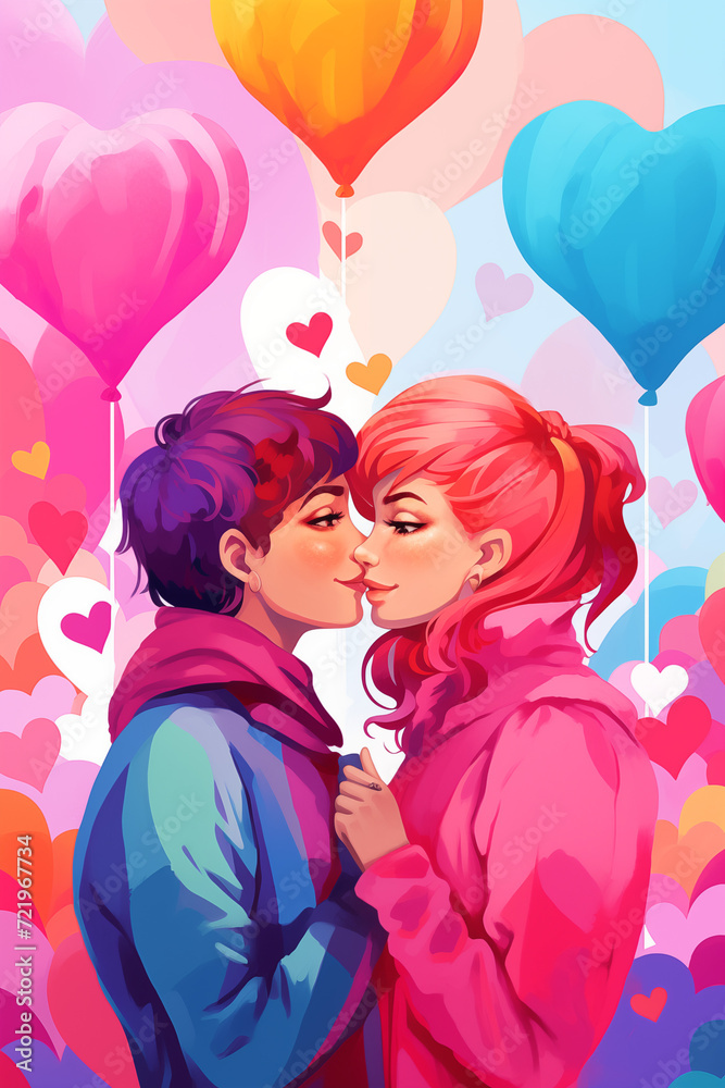 LGBTQ+ Valentine's Day love background. Couple of lovers, lesbians illustration. Colorful rainbow heart shaped background. LGBTQ+ Valentine's Day love background. Couple of lovers, lesbians illustration. Colorful rainbow heart shaped background.