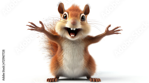 A vibrant 3D squirrel character bursting with energy and joy  set against a clean and pristine white background.
