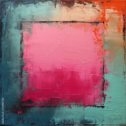 colored paint square texture background with frame, painted wall with frame, turquoise pink and orange color