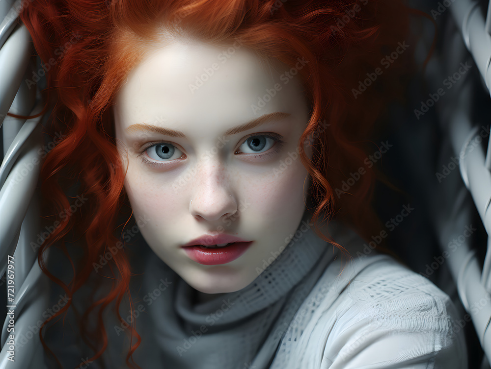 Portrait of a Woman with Beautiful Wavy Red Hair and Clean White Face