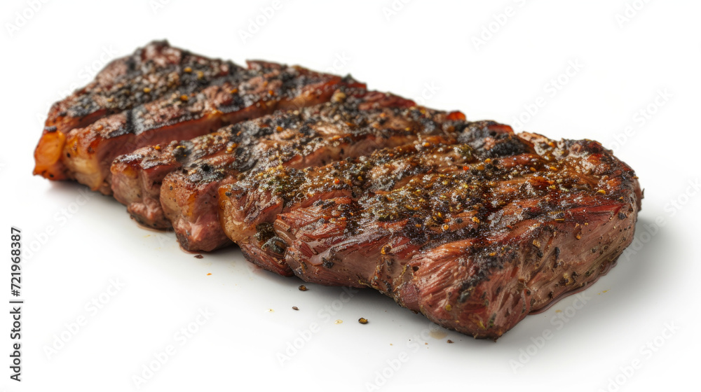 Spicy Cajun Rib Eye steak, shot at a 45 degree angle, on a white background