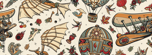 Medieval flying machines. Vintage seamless pattern. Air balloon, retro airplane. Old school tattoo art