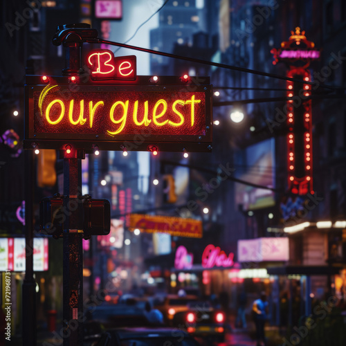 A neon sign with the text 'Be our guest' located on a busy city street at night. The concept of urban tourism, advertising banners, design postcards, flyers