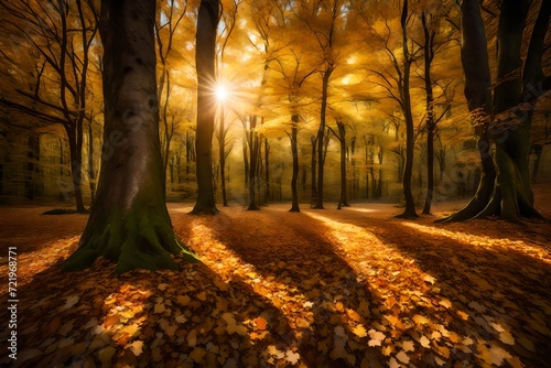 A lush, secluded forest bathed in golden sunlight, with a carpet of fallen leaves covering the ground