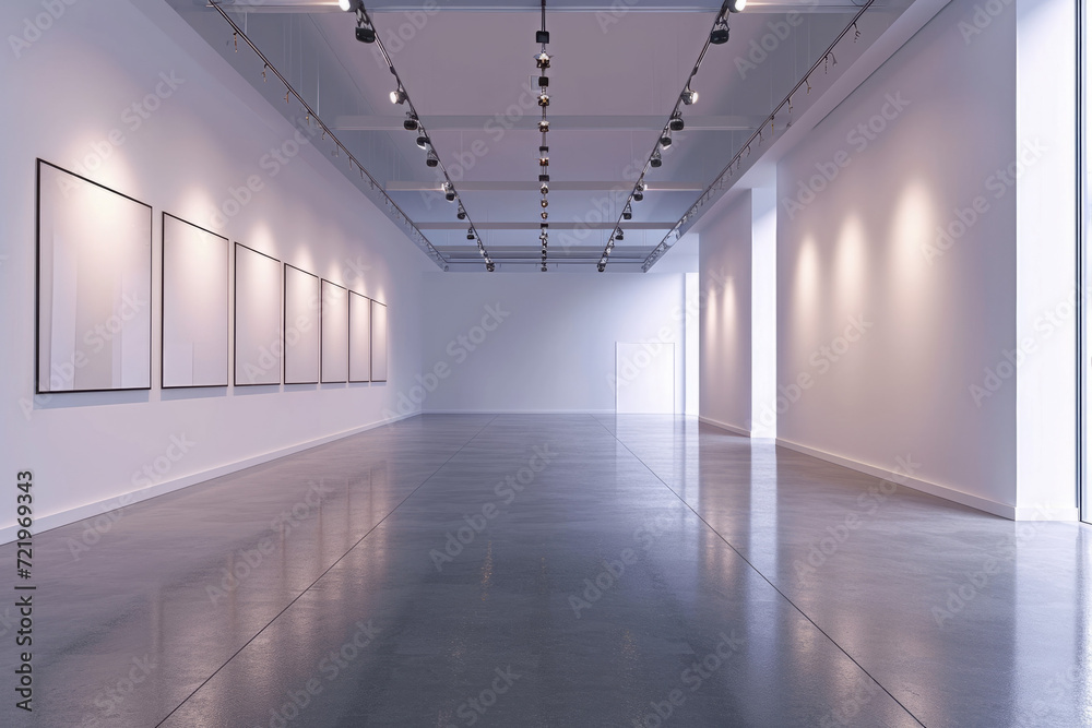 Modern Art Gallery Interior with Empty Frames on White Walls