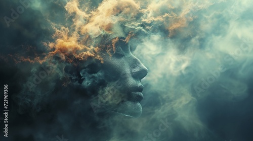 a woman's face is surrounded by smoke and clouds photo