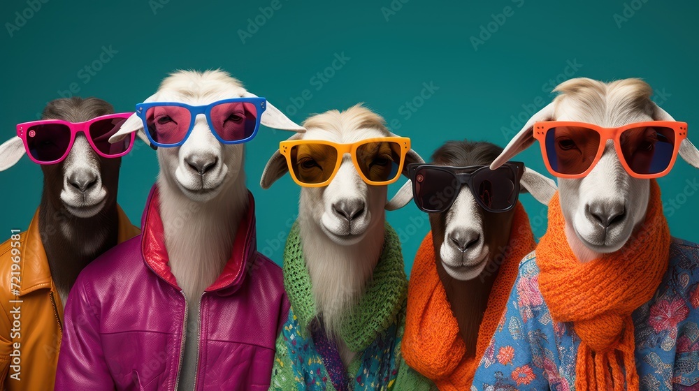 Groovy Goats in Shades: A Colorful Twist on Farmyard Chic - obrazy, fototapety, plakaty 