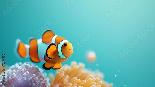 A playful clownfish swimming happily in its aquatic habitat against a soothing light blue background. © stocker