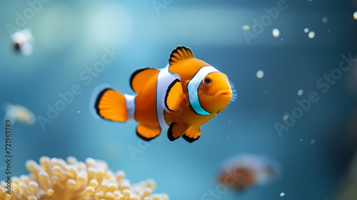 A silly clownfish swimming in a vibrant aquatic setting against a calming light blue background.
