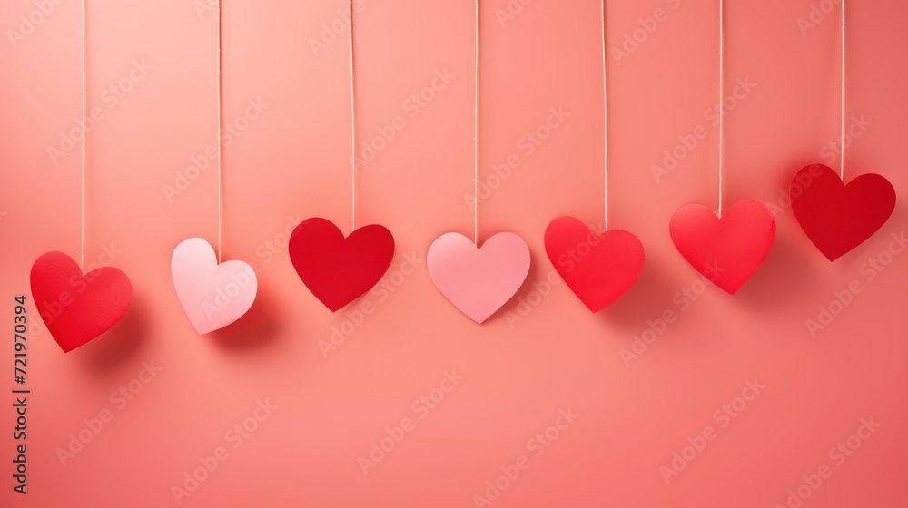 series of red paper hearts hung on a string against a soft pink background