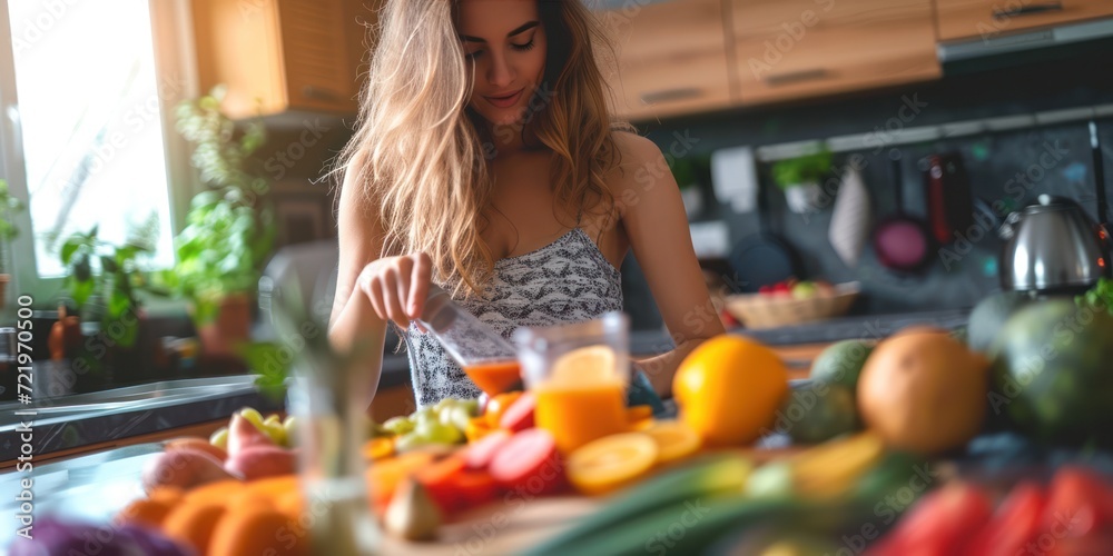 Fit woman in good shape standing in the kitchen, preparing a healthy smoothie food