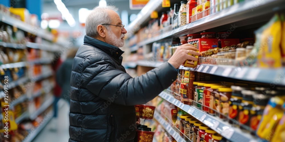 Healthy happy elderly man standing and buying food on a shelf in a supermarket