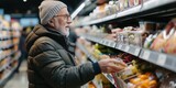 Healthy happy elderly man standing and buying food on a shelf in a supermarket