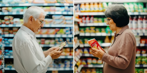 A couple of happy healthy elderly men and women standing and buying food on shelves in a supermarket