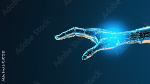 robotic hand have digital AI icon floats visible wiring solid blue background.