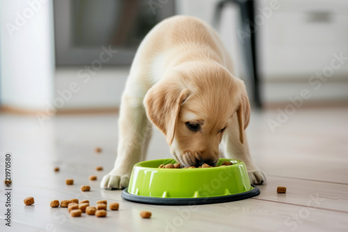 Puppy Labrador Eating Kibble from a Green Bowl on Kitchen Floor