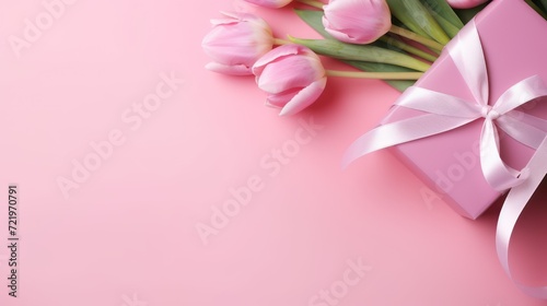 Mother's Day or valentine romantic concept. Top view photo giftbox with ribbon bouquet of tulips on pink background with copy space © Tatyana
