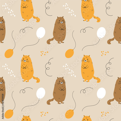 Groundhog cartoon animal rodent with balloons hand drawn seamless pattern festive background flat vector illustration Groundhog Day greetings 2 February design backdrop with Marmot children's ornament