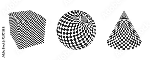 3d shapes. Cube, sphere and cone with checkered texture. Vector illustration.