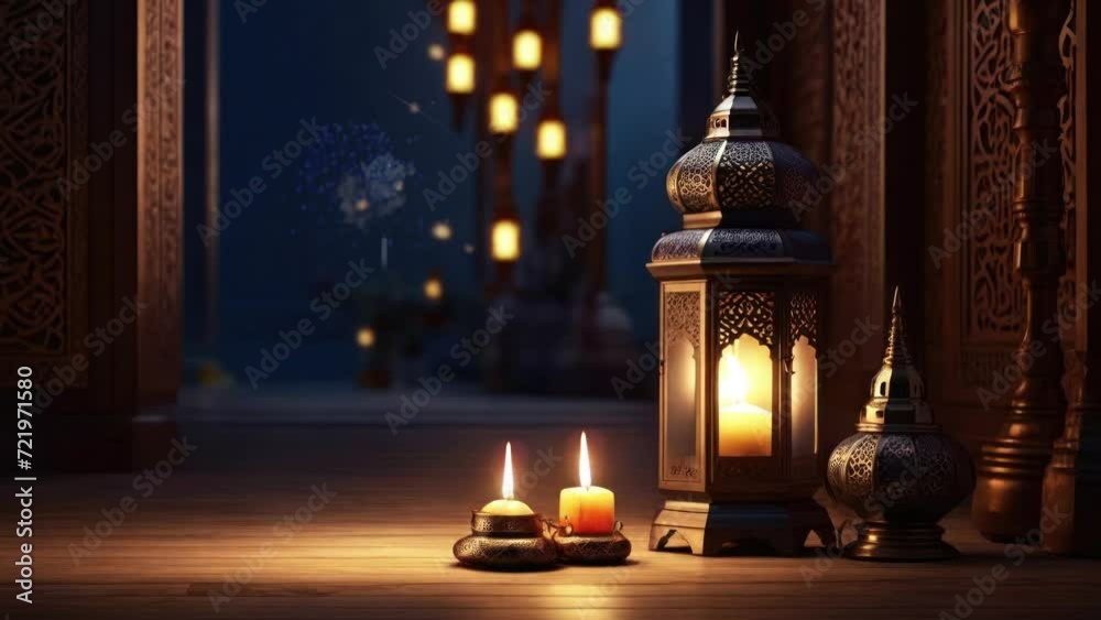 Lantern with candle at ramadan night bokeh blur background. Seamless looping time-lapse virtual 4k video animation background. Lantern with candle at ramadan night bokeh blur background. Seamless looping time-lapse virtual 4k video animation background.
