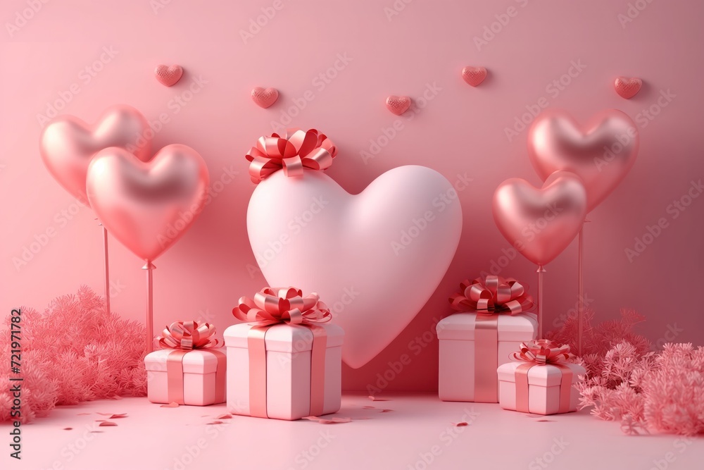 Happy Valentine's Day Banner Card Big Heart Shape and Gift Box 3D Rendering