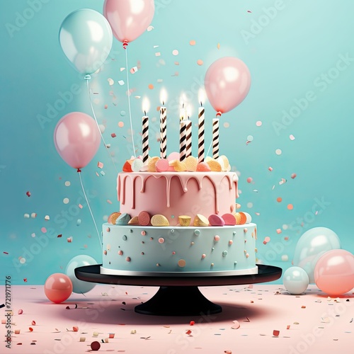 birthday cake with candles and balloons