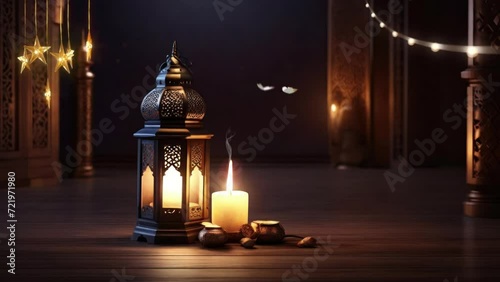 Lantern with candle at ramadan night bokeh blur background. Seamless looping time-lapse virtual 4k video animation background.