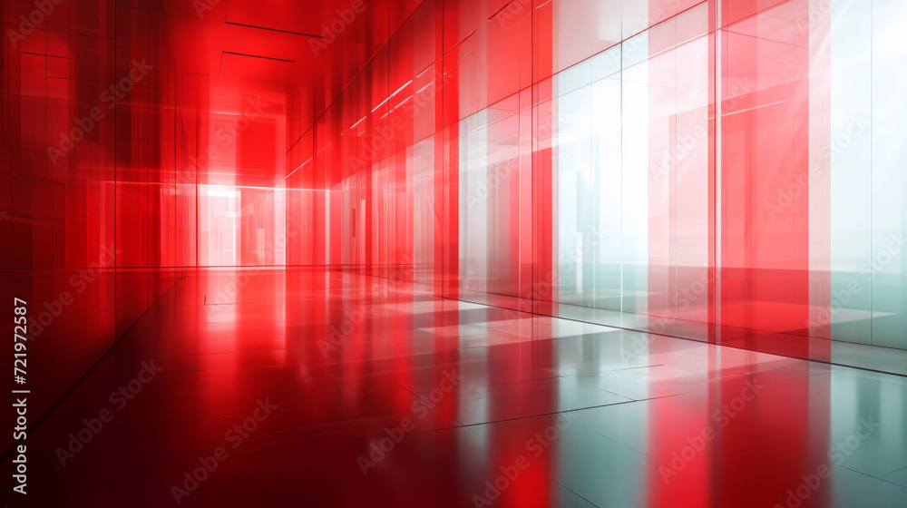 Red interior with dark flooring, in the style of blurred imagery.