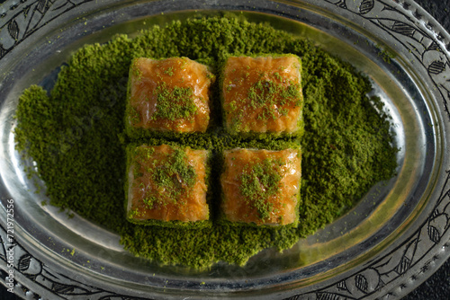Turkish Baklava with Pistachio in Colorful Ramadan Cuisine Photo, Üsküdar Istanbul, Turkiye (Turkey) photo