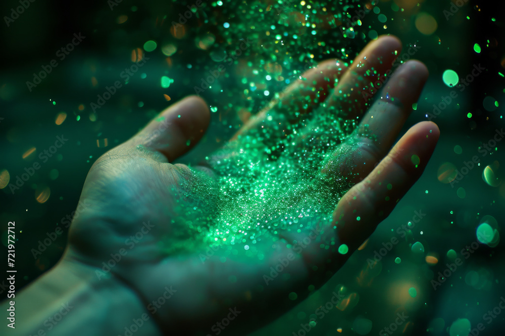 Fototapeta premium Hand with bright green starlight forming green light.