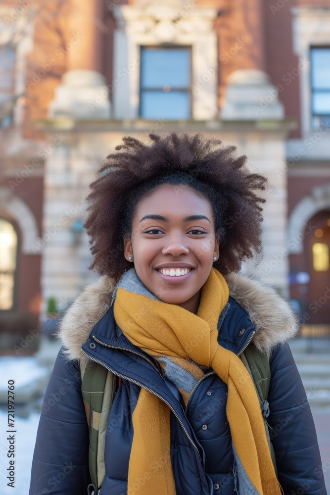 Fototapeta premium Happy African American female student in front of university building