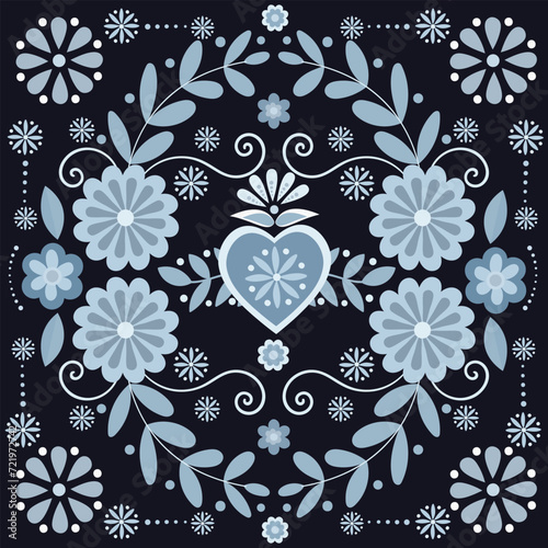 Delftware folk style floral pattern tile. Seamless pattern