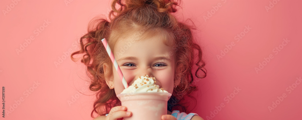 Happy child drinking milkshake on color background