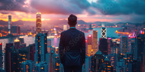 A businessman stands facing a vibrant cityscape at dusk  with city lights and an impressive skyline stretching before him.
