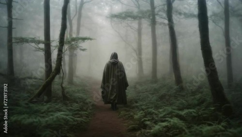 mysterious scary figure with a dark hood walking in the woods photo
