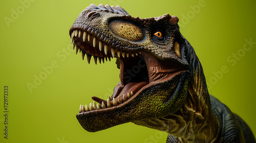 This fierce dinosaur with a friendly smile stands against a vibrant lime green background, capturing attention with its uniquely charming appearance. © stocker