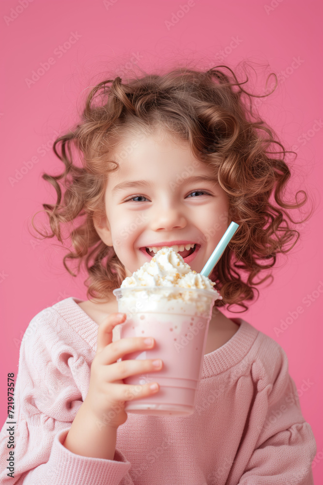 Happy child drinking milkshake on color background