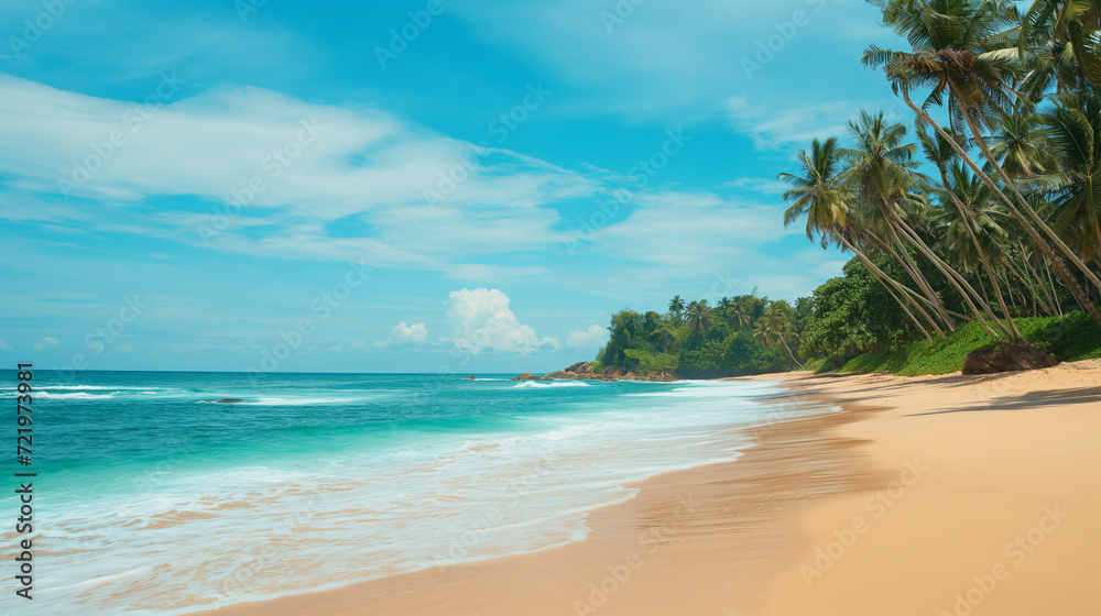 Serene Sea beach with coconut palm trees in the summer time travel destination