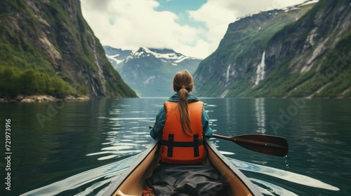 View from the back of a girl in a canoe floating on the water among the fjords 