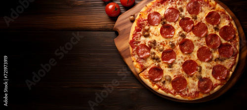 Thin crust Pepperoni Pizza on a wooden tabletop with copy space 