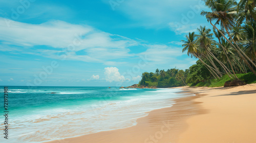 Serene Sea beach with coconut palm trees in the summer time travel destination