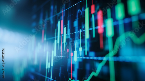 A photograph of a detailed uptrend line candlestick graph, showcasing green and red candles, Generative AI